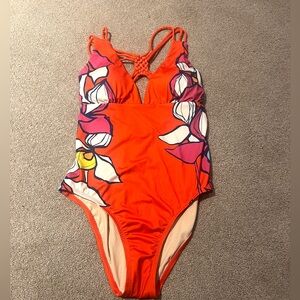 Anthropologie Women’s  Floral Orange one-piece Swimsuit. Size med. NWT